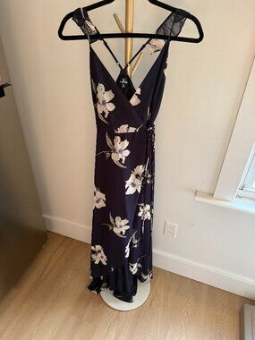 Lulus Navy Blue Floral Print High-Low Wrap Dress